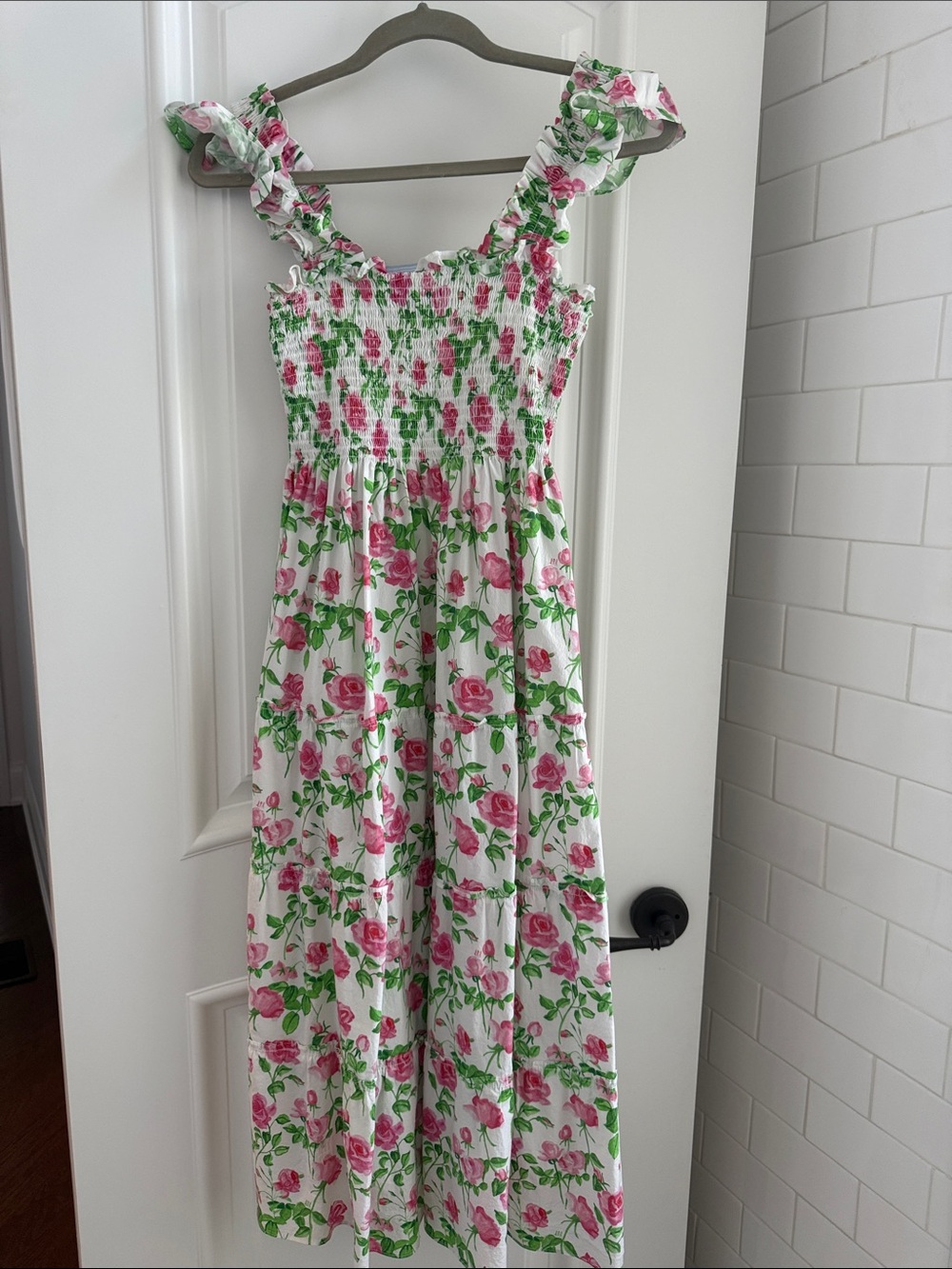 Hill House Nap Dress Floral Smocked Midi Dress in White and Pink S